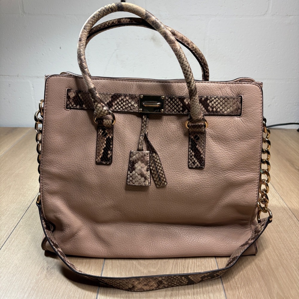 Michael Kors Hamilton Pebbled Leather Snakeskin Trim Tote Bag Beige Gold